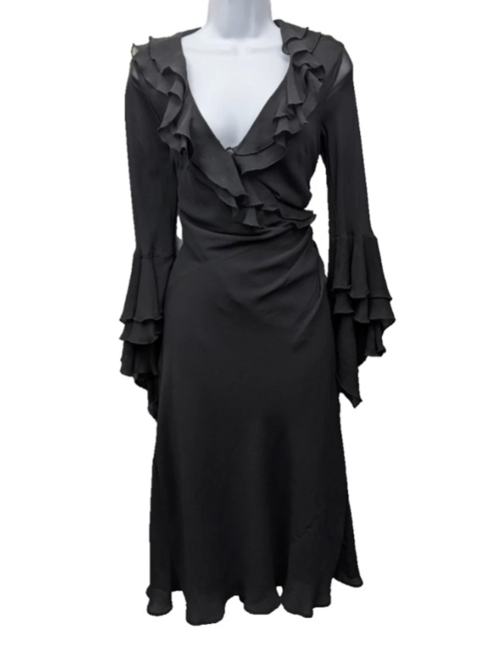 Express Black Chiffon Wrap Dress Ruffle V-Neck Bell Sleeve 7/8 Midi Small y2K